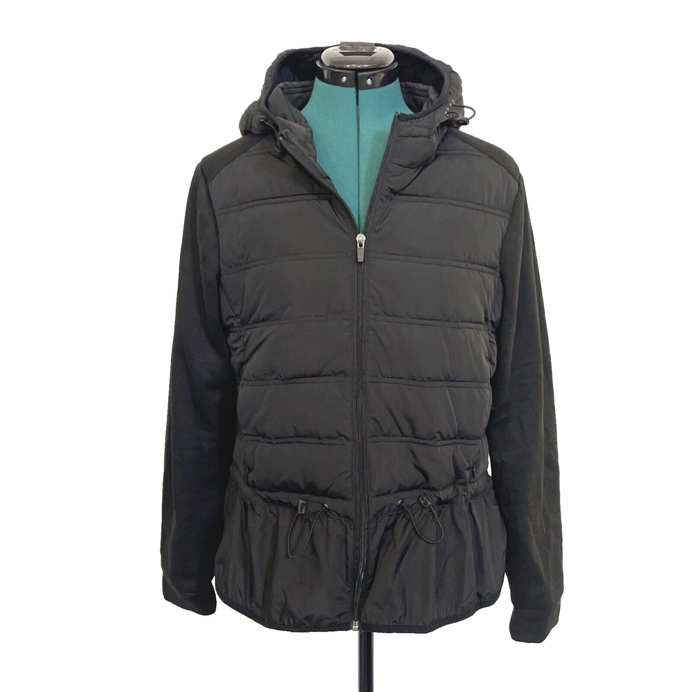 BCBGMAXAZRIA Women's‎ Black Puffer jacket Sz Large Cinch Ruffle Hem Activewear